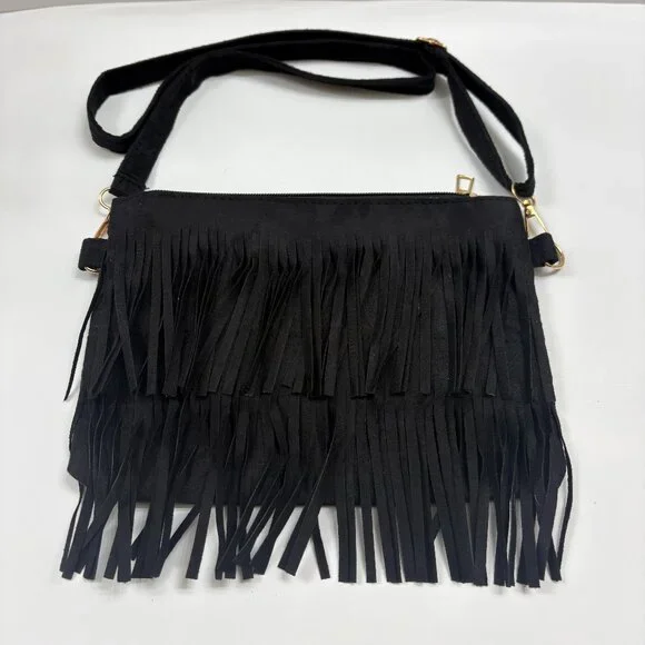 Boho Chic Fringe/ Two Tiered Tassel Shoulder/ Crossbody Bag/ Purse - Black - NWT - Picture 5 of 8